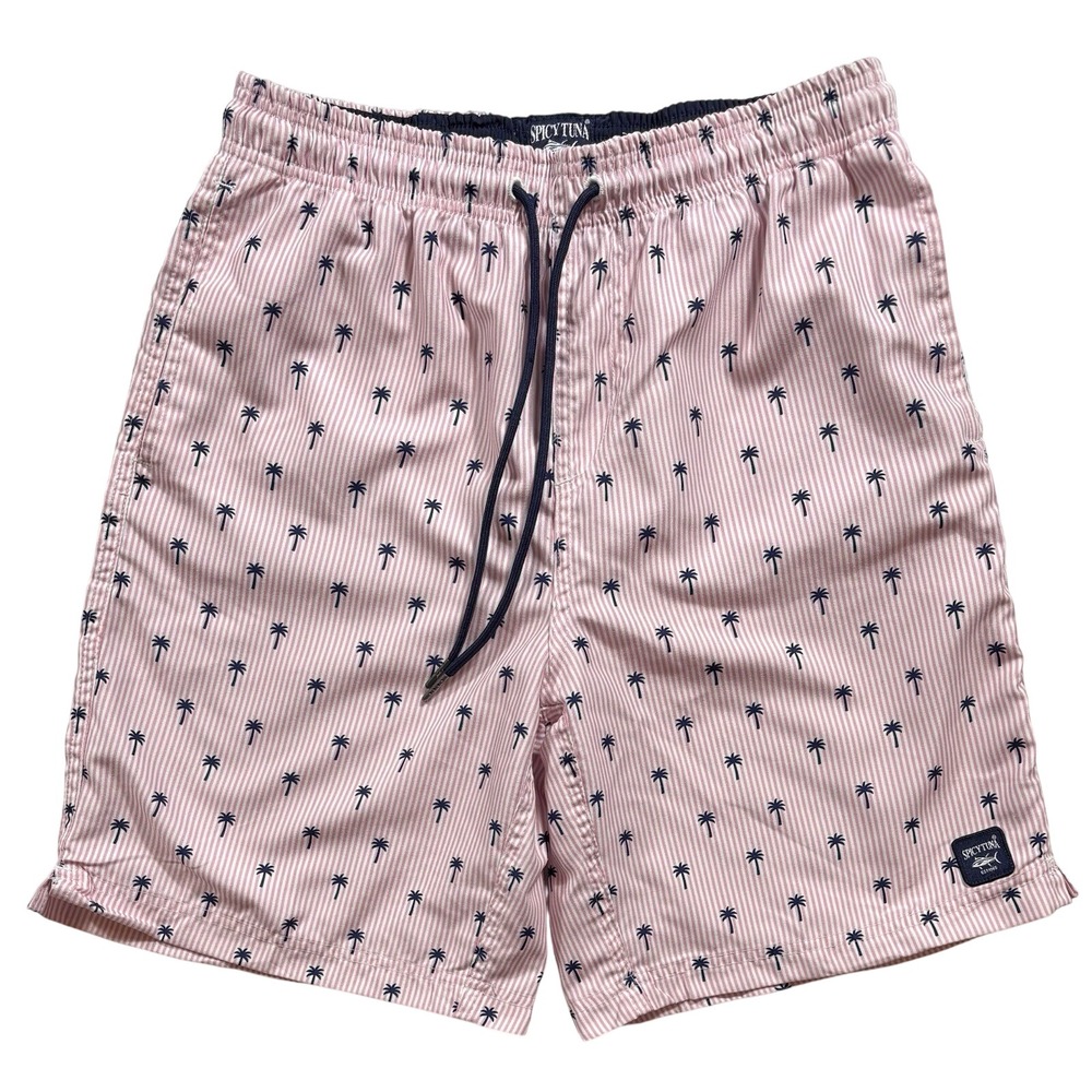 Spicy Tuna Men's Swim Trunks Shorts Small Pink & White Striped w/Palm Trees -640